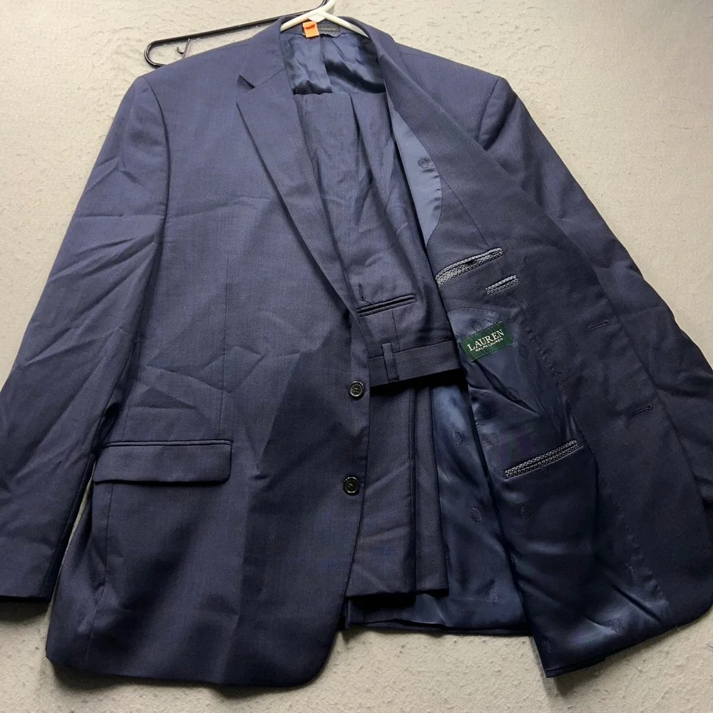 Lauren Ralph Lauren Mens Navy Blue Windowpane 2 Piece Suit Blazer Pants 40x32